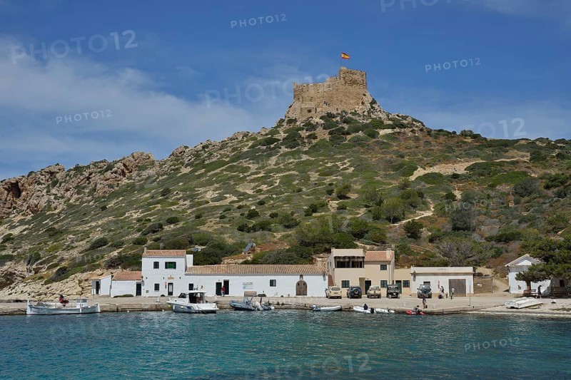 Harbour and Castle of Cabrera, Parque Nacional de Cabrera, Cabrera National Park, Cabrera Archipelago, Majorca, Balearic Islands, Spain, Europe