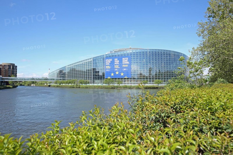 EU Parliament on the river Ill, European, Parliament, European Parliament, banner, poster, political, appeal, inscription, election, Strasbourg, Bas-Rhin, Alsace, France, Europe