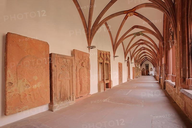 Gothic cloister with cross vault and tomb slabs in Mainz Cathedral, St Martin's Cathedral, built in 1410, interior view, Old Town, Mainz, Rhine-Hesse region, Rhineland-Palatinate, Germany, Europe