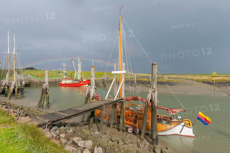 Traditional sailing ships and fishing boats in the harbour, Süderhafen, rainbow, dike foreland, Frisian flag, Nordstrand peninsula, North Sea, North Frisia, Schleswig-Holstein, Germany, Europe