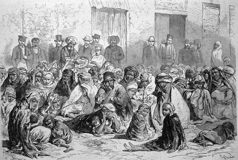 The inhabitants of Setif distributing food to Arab woman and children, 1869, Algeria, Historic, digitally restored reproduction of a 19th century original, exact original date unknown, Africa