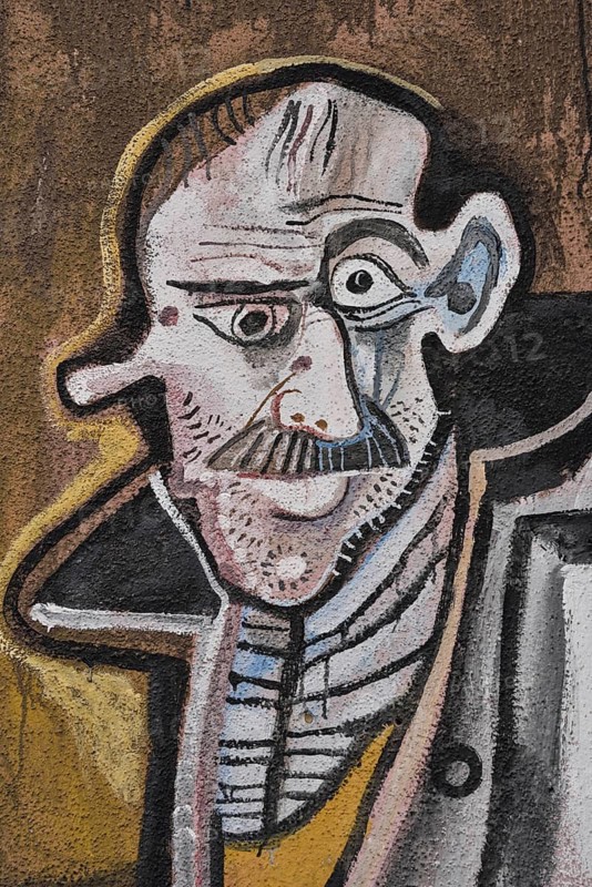 Political mural, old man, portrait, cubism, Orgòsolo, Province of Nuoro, Sardinia, Italy, Europe
