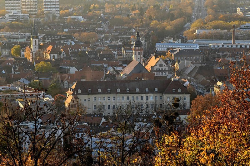 View from the Turmberg towards Durlach with town church and town hall, in the background the city of Karlsruhe, autumn, Karlsruhe, Baden-Württemberg, Germany, Europe
