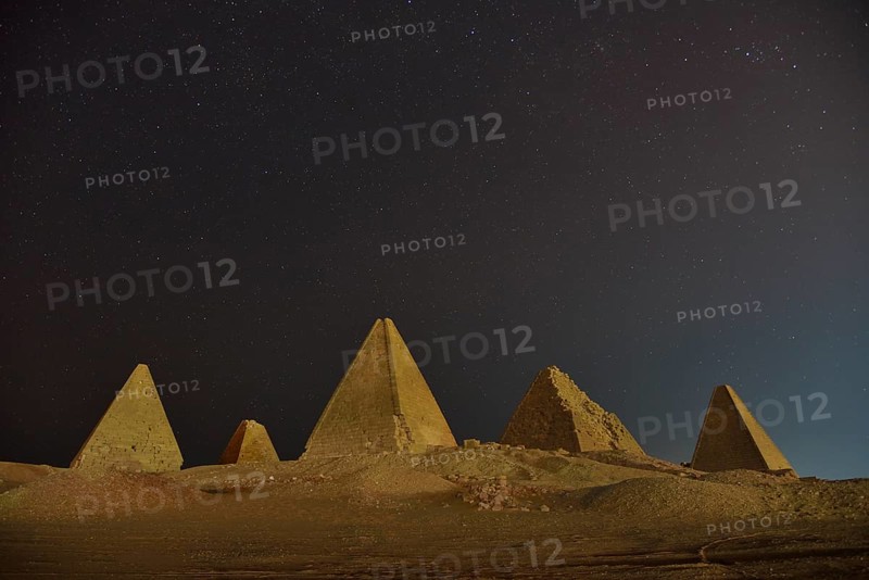 Meroitic pyramids of the northern group in the moonlight, Gebel Barkal, Karima, Northern State, Nubia, Sudan, Africa