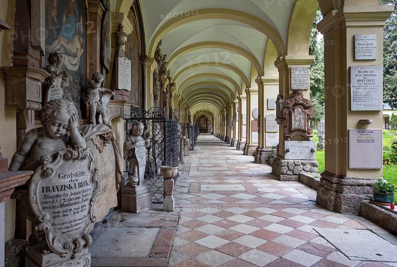 Crypt arcades, grave counters in the arcade of St. Sebastian's Cemetery, Church of St. Peter, Salzburg, Austria, Europe