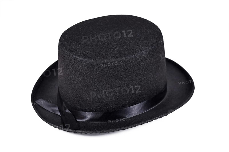 Single black felt top hat on white background