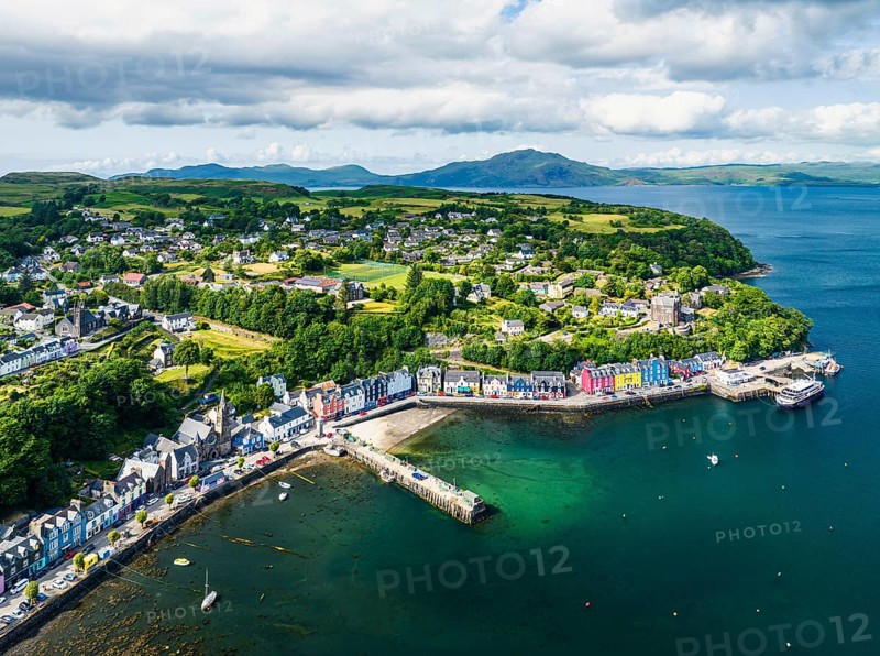 Tobermory from a drone, Isle of Mull, Scottish Inner Hebrides, Scotland, UK