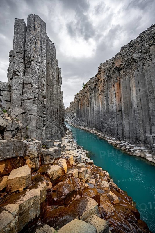 Stuðlagil Canyon, turquoise river between basalt columns, Egilsstadir, Iceland, Europe