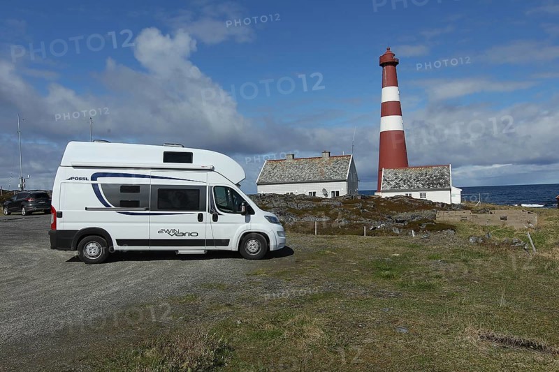 Motorhome in front of Gamvik lighthouse, the northernmost point in Norway accessible by car on the Barents Sea, Norway, Scandinavia, Europe