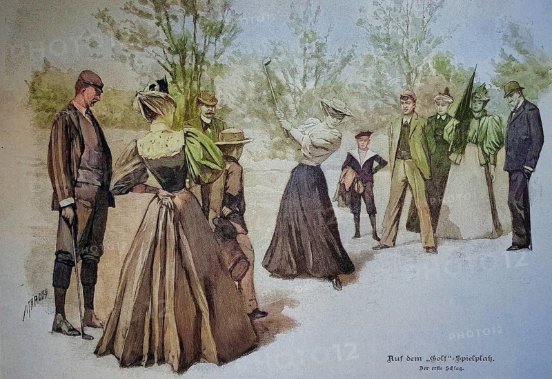 Fine Society on the Golf Course, 1880, France, Historic, digitally restored reproduction of an original 19th century painting, exact original date unknown, Europe