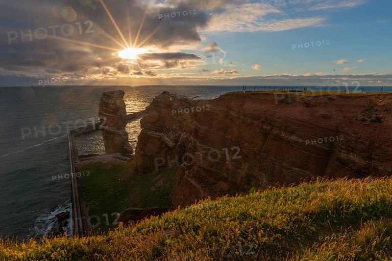 Red red sandstone cliff edge, Heligoland high sea island, Lange Anna, backlight, North Sea, blue sky, Pinneberg district, Schleswig-Holstein, Germany, Europe
