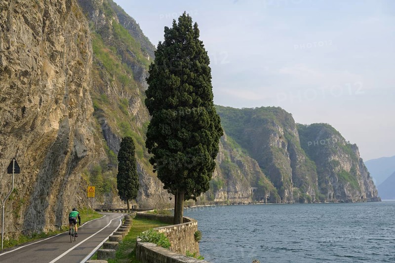 Beautiful cycle path along the eastern shore of Lake Iseo, Pisogne, Province of Brescia, Italy, Europe