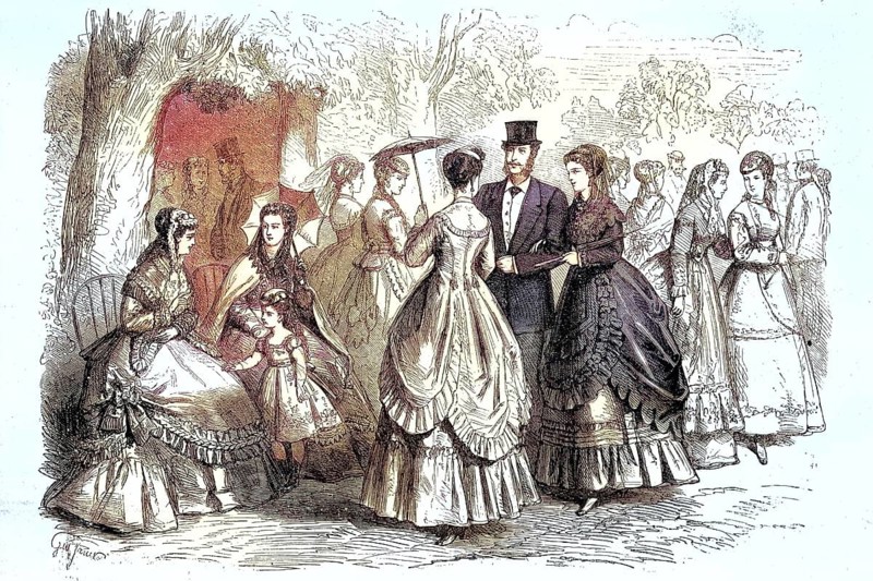 Summer fashion in 1869 in Paris, Noble people walking on Sunday afternoon, France, Historic, digitally restored reproduction of an original 19th century master, exact original date unknown, Europe