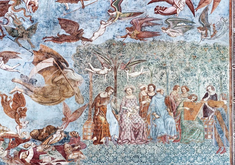 Death with the Scythe turns to a young party, detail from the fresco Il Trionfo della Morte, the Triumph of Death, painter Buonamico Buffalmacco, Camposanto Monumentale Cemetery, Miracles Square, Piazza dei Miracoli also Campo dei Miracoli, Piazza del Duomo, Pisa, Tuscany, Italy, UNESCO World Heritage Site, Europe