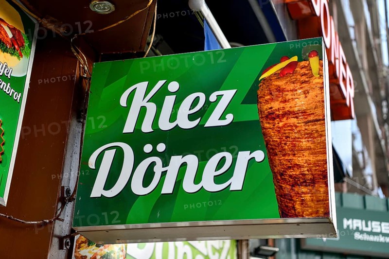 Billboard on a kebab stand on the Reeperbahn, St. Pauli, Hamburg, Germany, Europe