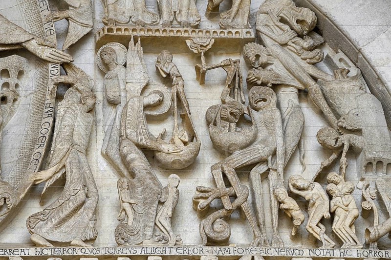 Famous tympanum of Saint-Lazare Cathedral with the Last Judgement, detail, Autun, Département Saône-et-Loire, Region Bourgogne-Franche-Comté, Burgundy, France, Europe