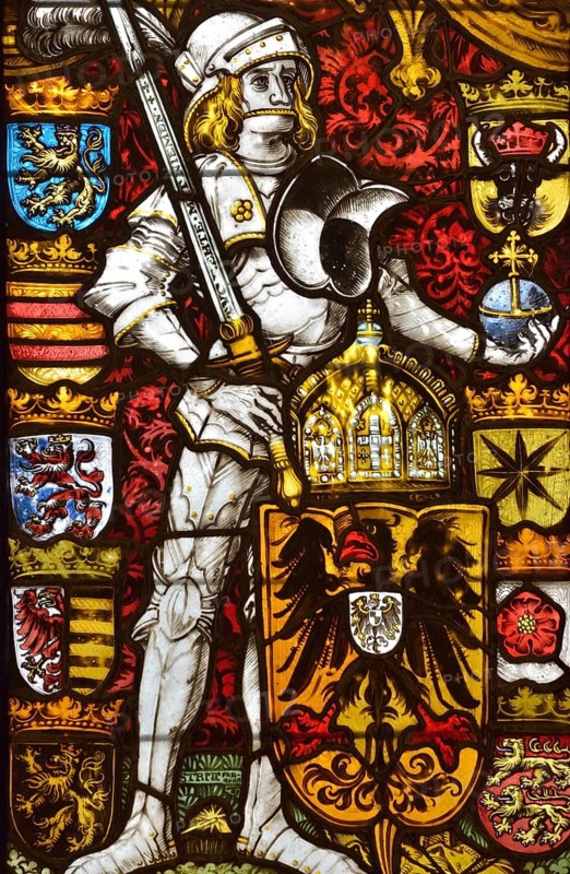 Colourful stained glass windows of Hohkönigsburg Castle, Château du Haut-Koenigsbourg, Hohenstaufen Empire castle from the 12th century, near Orschwiller, Département Bas-Rhin, Alsace, France, Europe