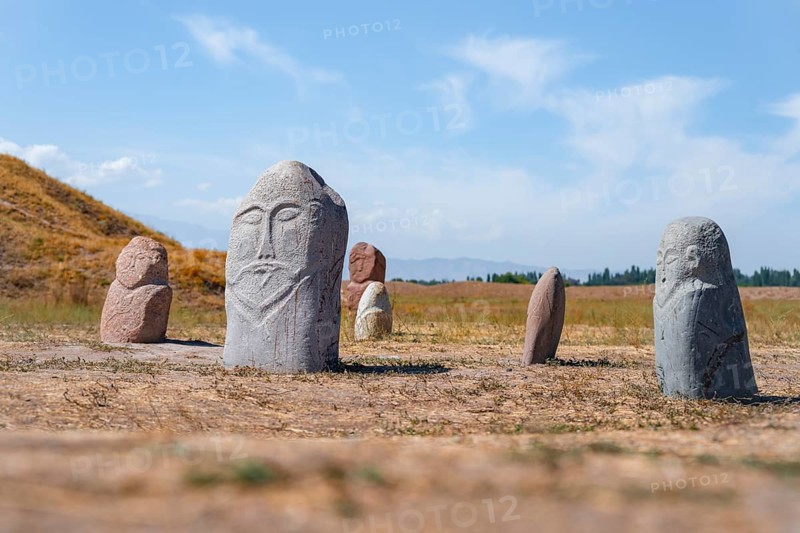 Balbals, historical gravestones in the shape of human faces, near Tokmok, Chuy, Kyrgyzstan, Asia
