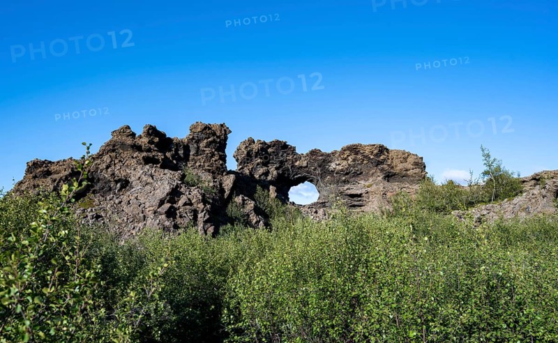 Rock arch, volcanic rock formations, Krafla volcanic landscape, Dimmuborgir lava fields, Mývatn, Iceland, Iceland, Europe
