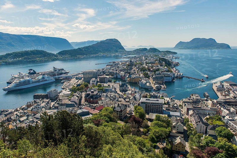 View from Aksla Town Mountain over the town, Alesund, Møre og Romsdal, Western Norway, Norway, Europe