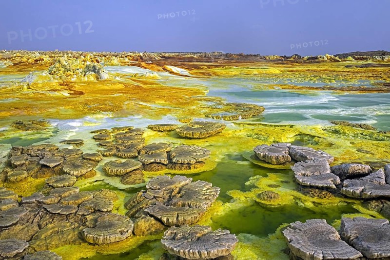 Dallol sulfur springs, hot springs in the Danakil Depression discharge brine and acidic liquid in green acid ponds, Afar Region, Ethiopia, Africa