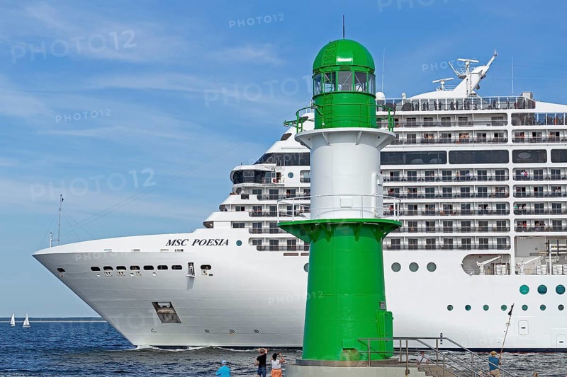 Cruise ship MSC Poesia, pier lights, Baltic Sea, Hanse Sail, Warnemünde, Rostock, Mecklenburg-Western Pomerania, Germany, Europe