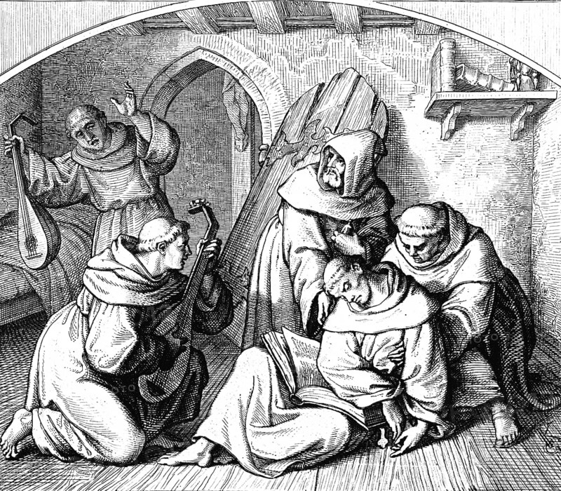 Martin Luther lying unconscious in his cell, bible in his hand, friends bring him back to his senses by playing the lute, Germany, monastery, cell, room, monks, lute, music, sick, fainting, door, 16th century, historical illustration c. 1860, Europe