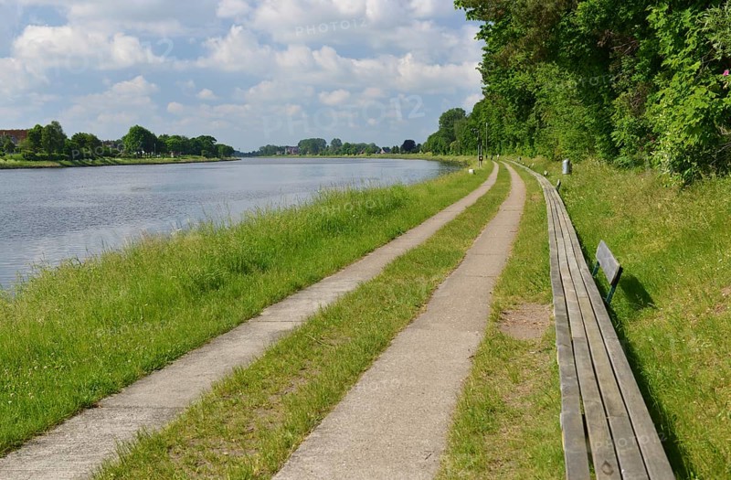 Longest bank in the world near Rendsburg on the Kiel Canal, Germany, Europe
