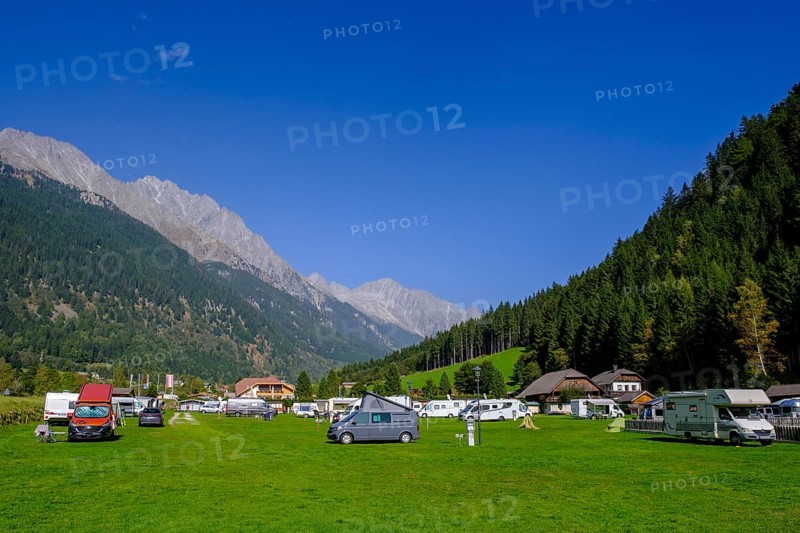 Campsite Antholz, Antholz Valley, behind mountains Rieserferner Ahrn nature park Park, South Tyrol, Italy, Europe