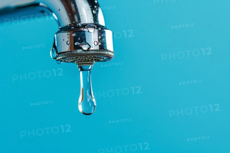 Single drop of water coming out of water tap on blue background. KI generiert, generiert, AI generated