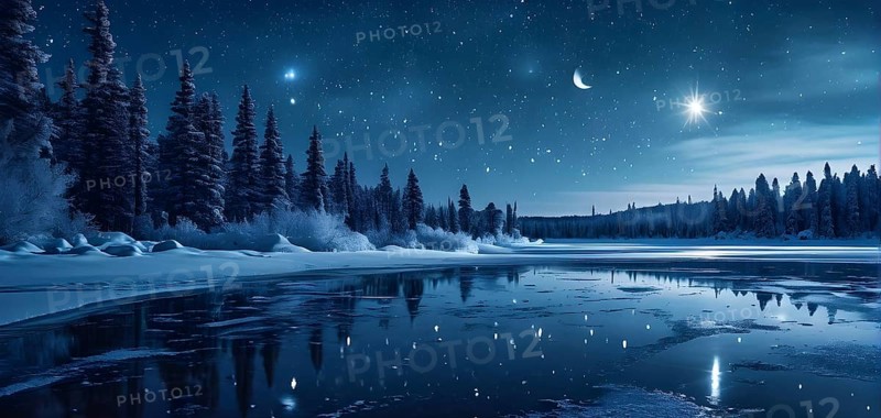 Tranquil winter night scene with a crescent moon and stars shining brightly over a frozen lake, with a line of snow-covered pine trees reflected in the lake, AI generated