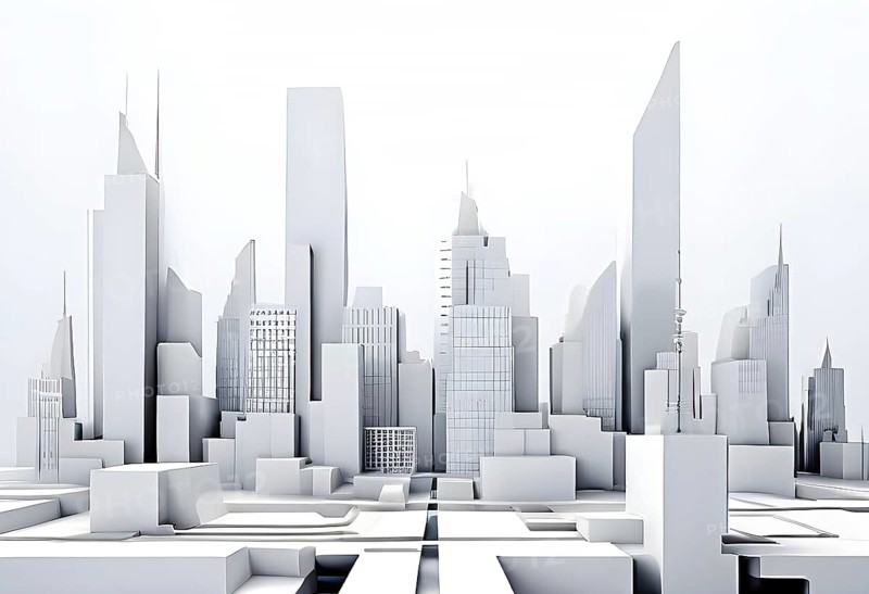 Modern city skyline using clean lines and geometric forms, with rectangular buildings and smooth, curved roads in a monochromatic color palette of grey, black, and white, AI generated