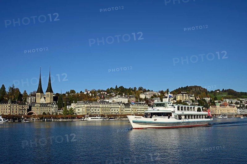 Court church of St Leodegar with excursion boat on Lake Lucerne, Lucerne, Canton Lucerne, Switzerland, Europe