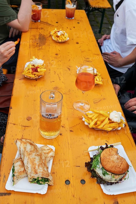 Food and drinks on a beer table at a folk festival, Bavaria, Germany, Europe