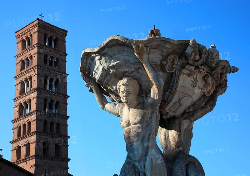 Piazza della Bocca della Verita, Fontana dei Tritoni, Triton Fountain, Tower of the Basilica minor Santa Maria in Cosmedin, Rome, Italy, Europe