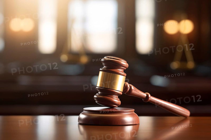 Close up of brown wooden law gravel in courtroom. KI generiert, generiert AI generated