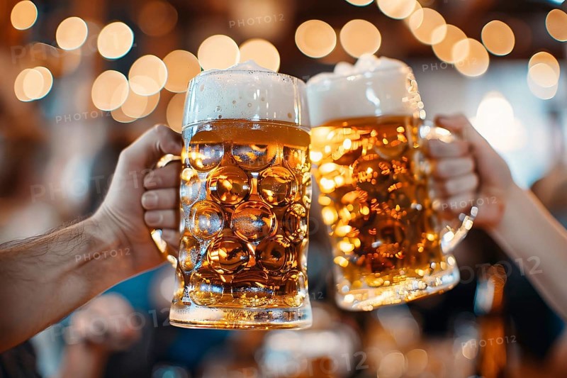 Close up of two large beer mugs clinking. Generative Ai, AI generated