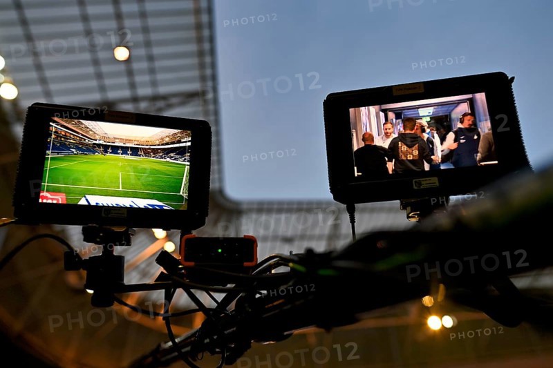 Monitors of the backdoor camera, playing field, PreZero Arena, Sinsheim, Baden-Württemberg, Germany, Europe