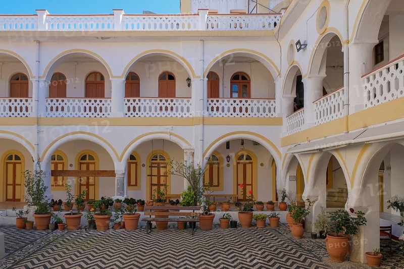 Courtyard of the Panormitis Monastery, Symi Island, Dodecanese, Greek Islands, Greece, Europe