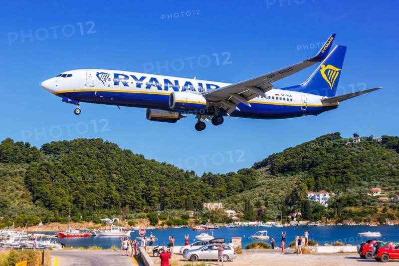 A Ryanair Boeing 737-800 aircraft with the registration SP-RSG at Skiathos Airport, Greece, Europe