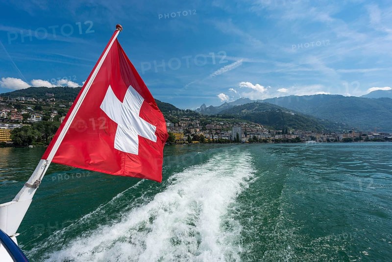 Swiss flag, flag, national flag, wind, red, white, Alps, account, money, bank, system, waving, waving, in Montreux on Lake Geneva, Vaud, Switzerland, Europe