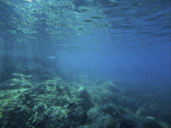 Underwater picture with bright blue, rocks and rays of light through water, Lastovo, Neretva, Croatia, Europe