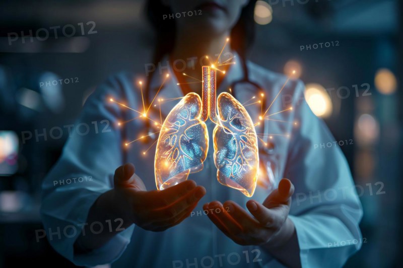 Doctor with virtual image of human lung. KI generiert, generiert, AI generated