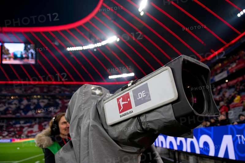 TV camera, camerawoman, stadium interior, SportCAST logo, Bundesliga, Allianz Arena, Munich, Bavaria, Germany, Europe