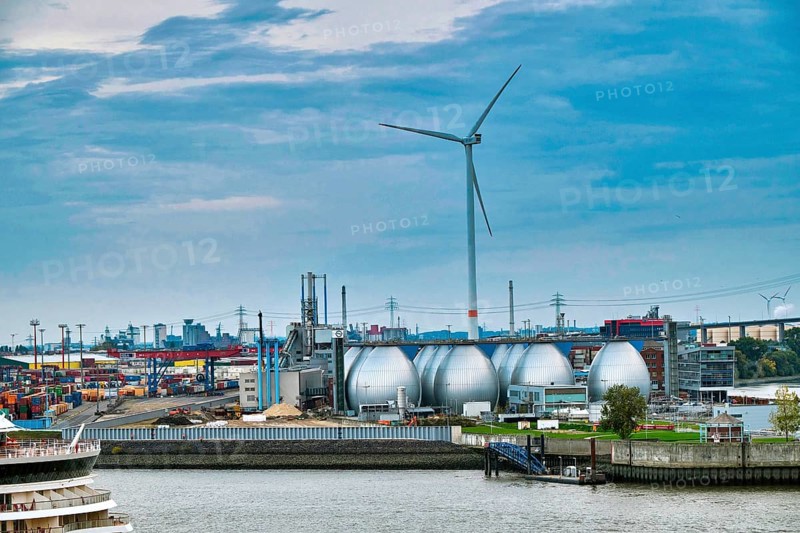 Wind turbine and Hamburg sewage treatment plant at the harbour, Hamburg, Land Hamburg, Germany, Europe
