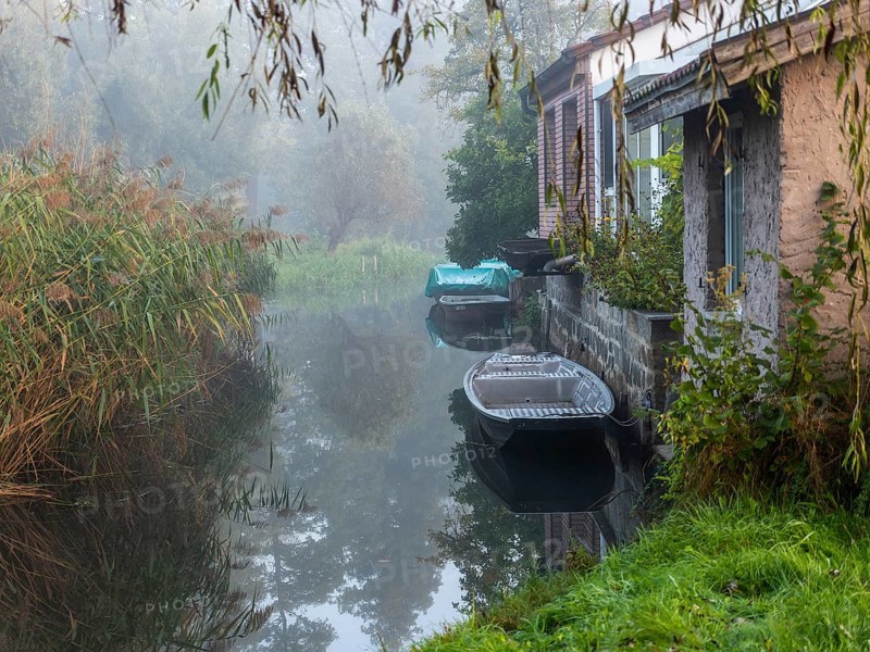 Autumn mist and lonely barges on the Spreewald river, between reeds and the edge of the village, Schlepzig, Spreewald, Brandenburg, Germany, Europe