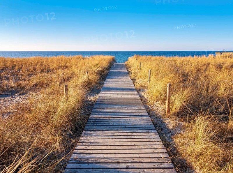 Beach access at the Baltic Sea in the evening light, boardwalk through dunes to the beach, beach grass as coastal protection, Baltic Sea resort Rerik, Mecklenburg-Western Pomerania, Germany, Europe