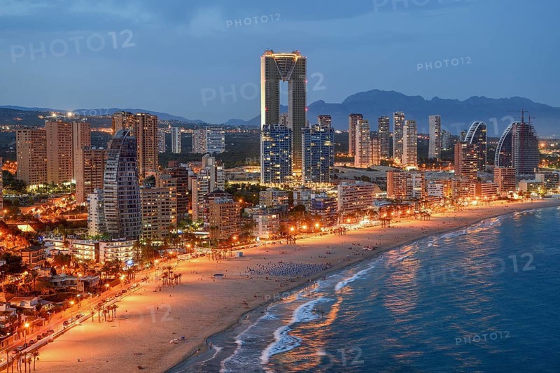 Skyline of Benidorm with the high-rise Intempo, with 192 metres the highest residential building in Europe, blue hour, Playa Poniente, Benidorm, Costa Blanca, Valencia County, Spain, Europe