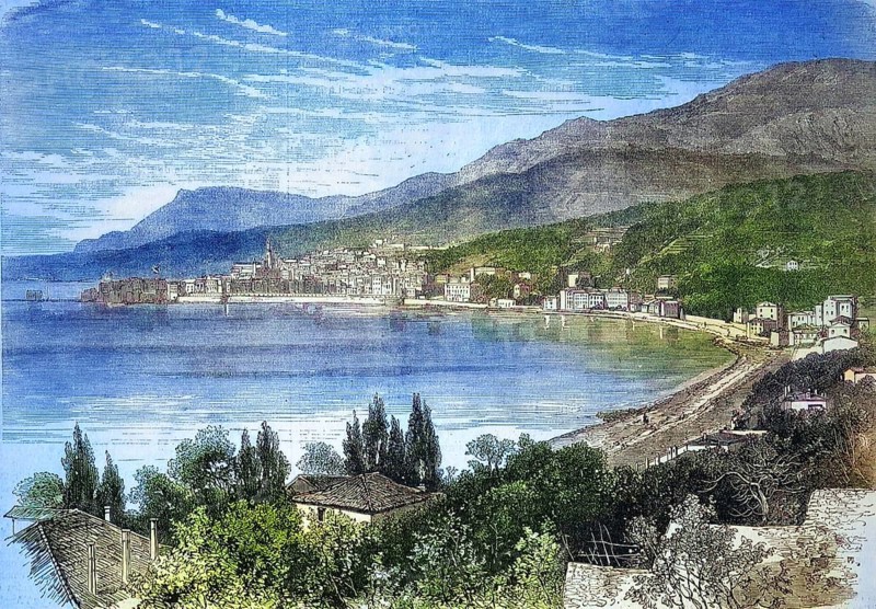 The Town of Menton on the Mediterranean, 1869, France, Historical, digitally restored reproduction of a 19th century original, exact original date unknown, Europe