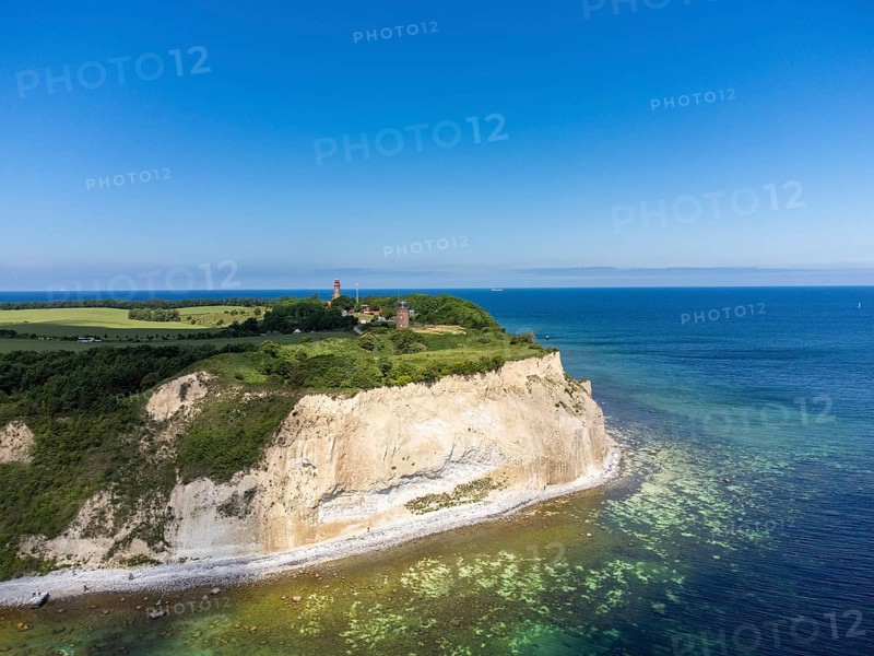 Aerial view of Cape Arkona with chalk cliffs, direction finder and lighthouse, Putgarten, Rügen Island, Mecklenburg-Western Pomerania, Germany, Europe